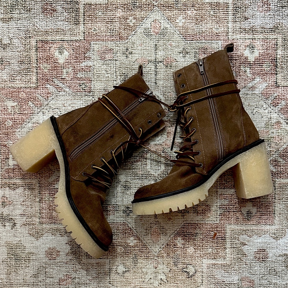 Free People Brown Lace Up Boots With Chunky Heel